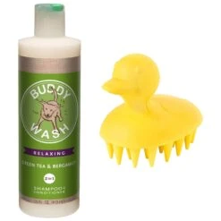 Buddy Wash Relaxing Green Tea & Bergamot Dog Shampoo & Conditioner & Frisco Rubber Duckie Dog & Cat Curry Brush
